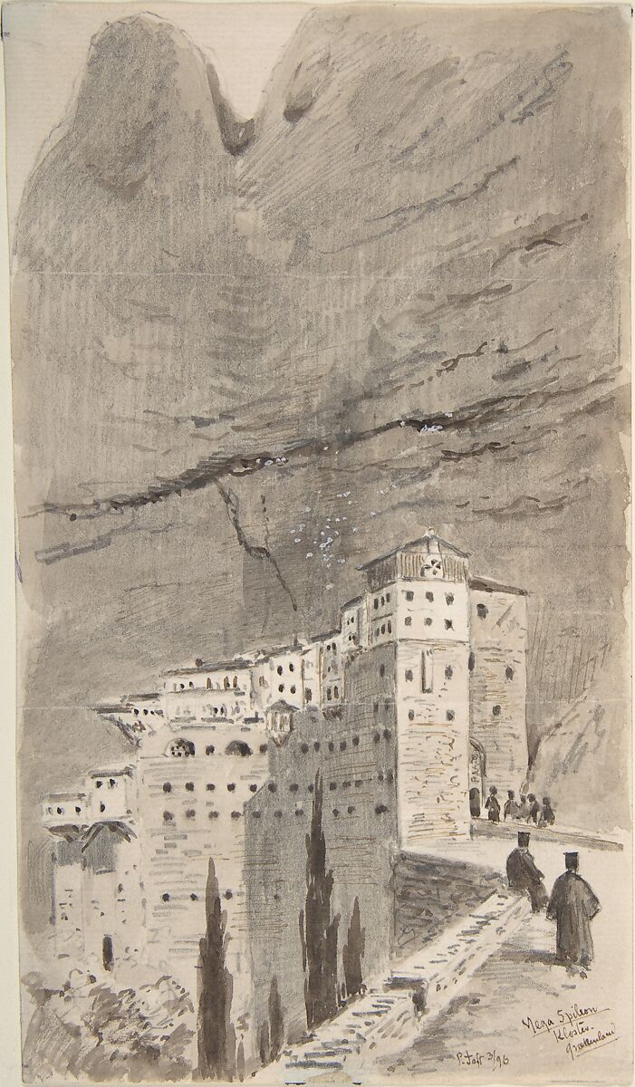 Monastery of Mega Spileon, Greece, Peter Toft (Swedish, active in America and England, Kolding (Jutland)1825–1901 London), Pen and brown and black ink, brush and brown and gray ink, graphite, heightened with white gouache 