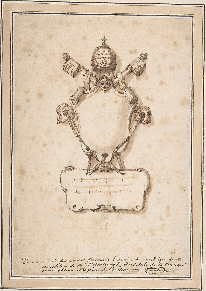 Papal Cartouche, Carl Frederick Adelcrantz (Swedish, 1716–1796), Pen and brown ink, brush and brown wash over traces of black chalk
Inlaid on paper mount with beige and black framing lines. 