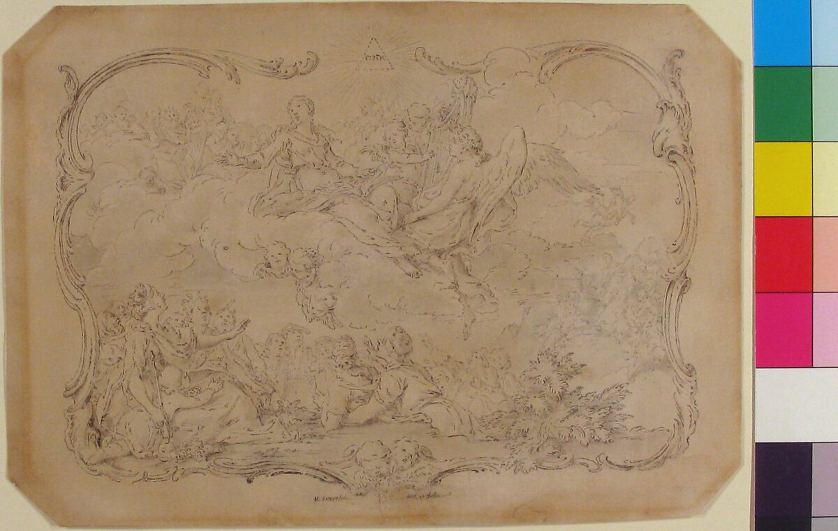 The Goddess of Music Distributing Her Gifts to the Nations, Hubert François Gravelot (French, Paris 1699–1773 Paris), Pen and gray and brown ink, with brush and gray wash