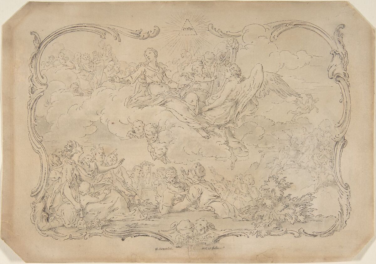 The Goddess of Music Distributing Her Gifts to the Nations, Hubert François Gravelot (French, Paris 1699–1773 Paris), Pen and gray and brown ink, with brush and gray wash 