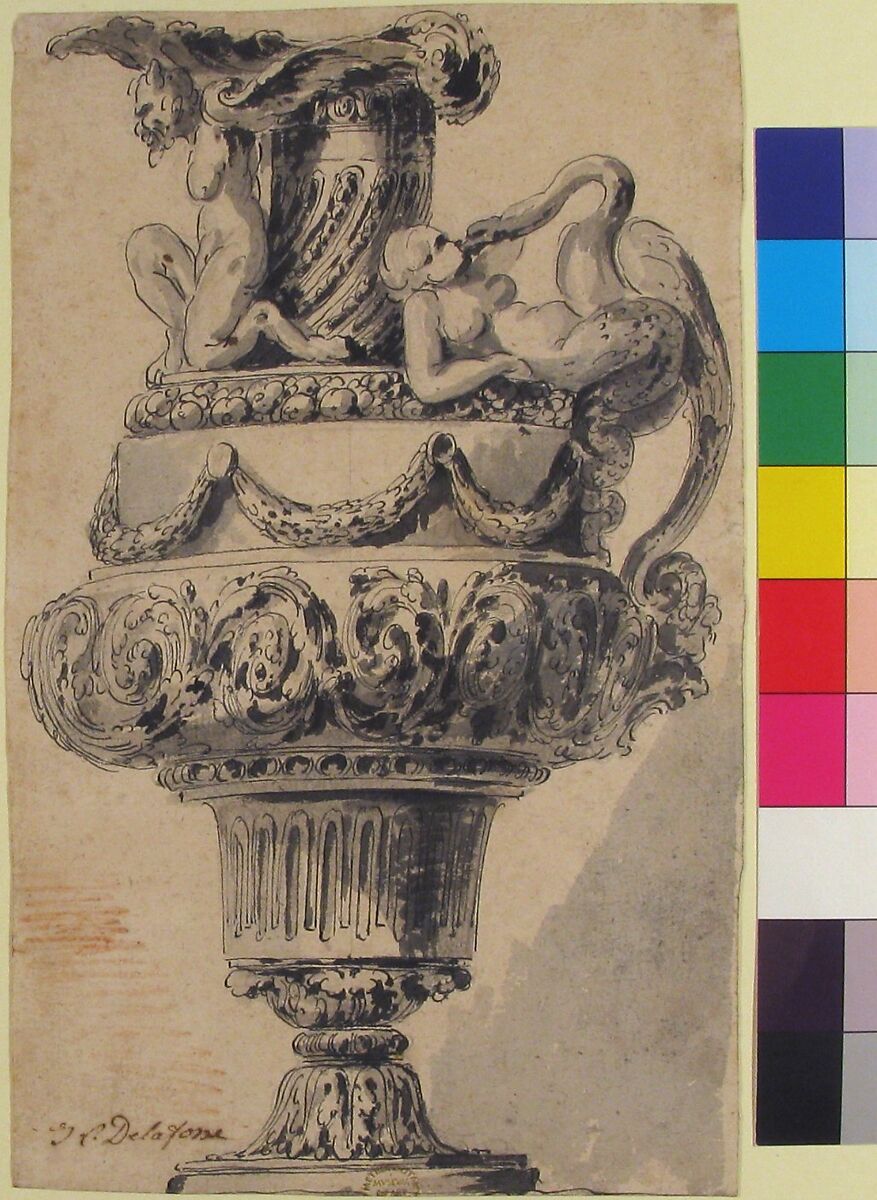 Design for a Ewer, Jean Charles Delafosse (French, Paris 1734–1789 Paris), Pen and black ink with brush and gray wash and red chalk, over graphite