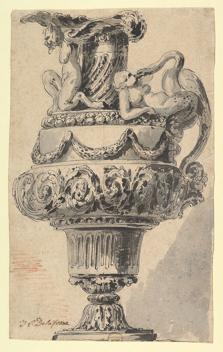 Design for a Ewer, Jean Charles Delafosse (French, Paris 1734–1789 Paris), Pen and black ink with brush and gray wash and red chalk, over graphite underdrawing. 