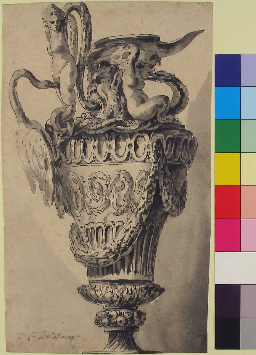 Design for a Ewer, Jean Charles Delafosse (French, Paris 1734–1789 Paris), Pen and black ink with brush and gray wash and red chalk over graphite