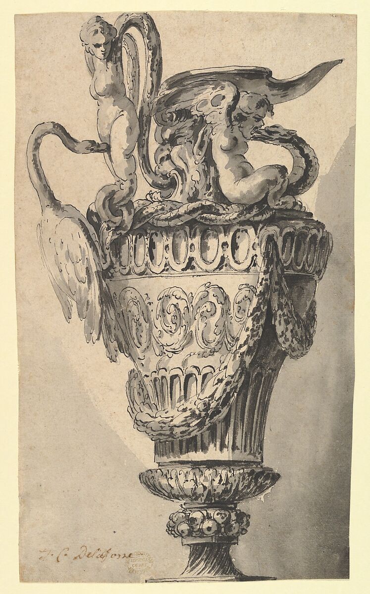 Design for a Ewer, Jean Charles Delafosse (French, Paris 1734–1789 Paris), Pen and black ink with brush and gray wash and red chalk over graphite underdrawing. 