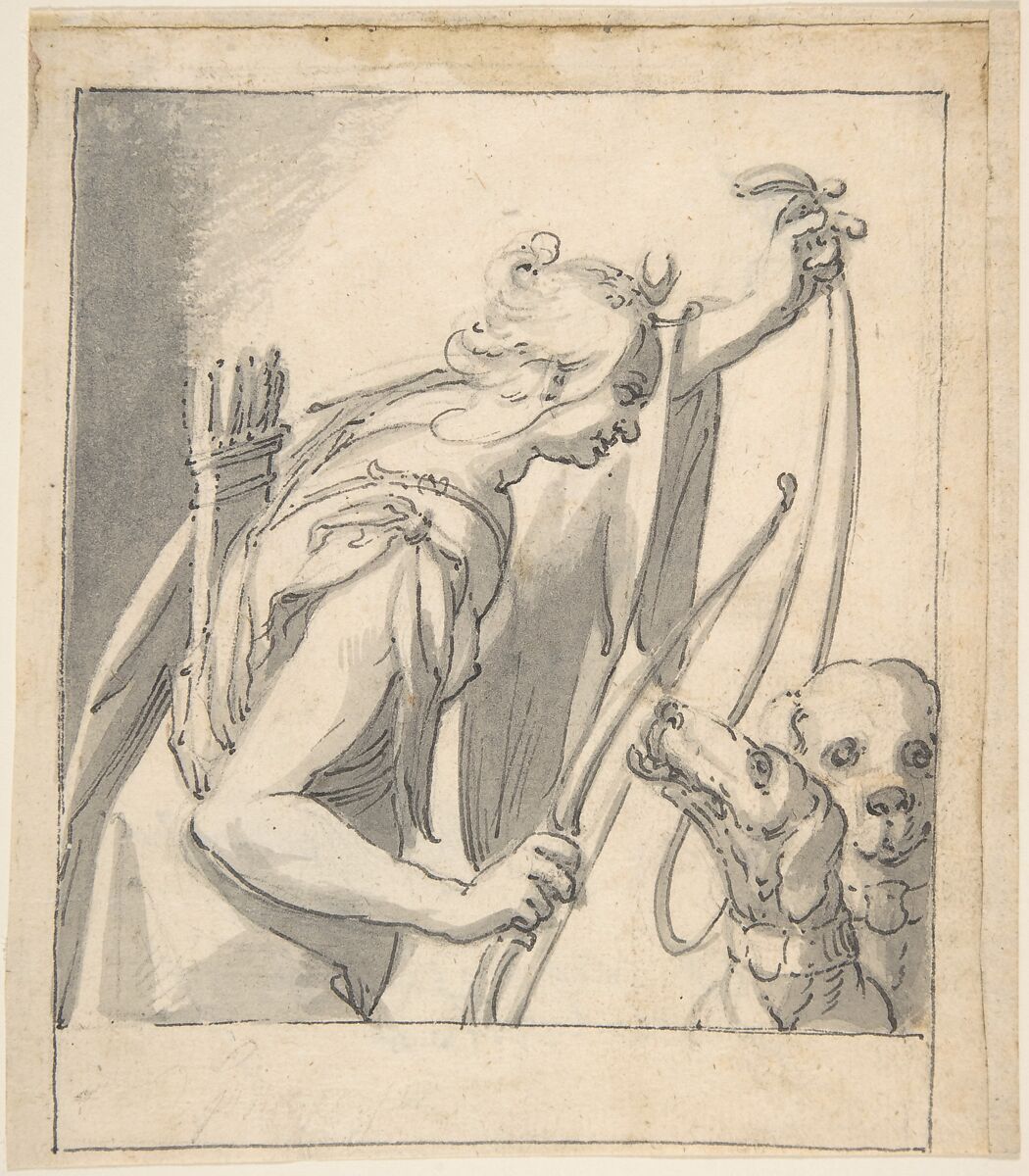 Diana with Two Dogs, Anonymous, German, 17th century, Pen and dark gray ink with brush and gray wash 