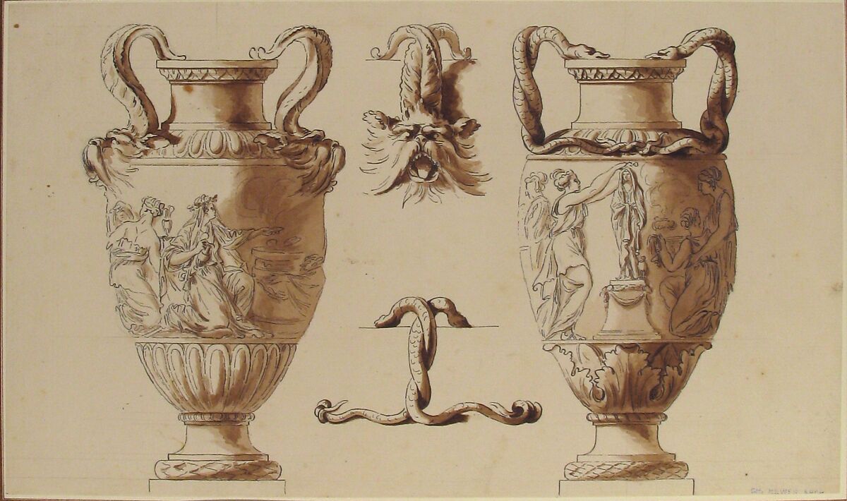 Designs for Two Urns, Attributed to Etienne de Lavallée-Poussin (French, Rouen 1733–1793 Paris), Pen and black ink with brush and brown wash over graphite underdrawing