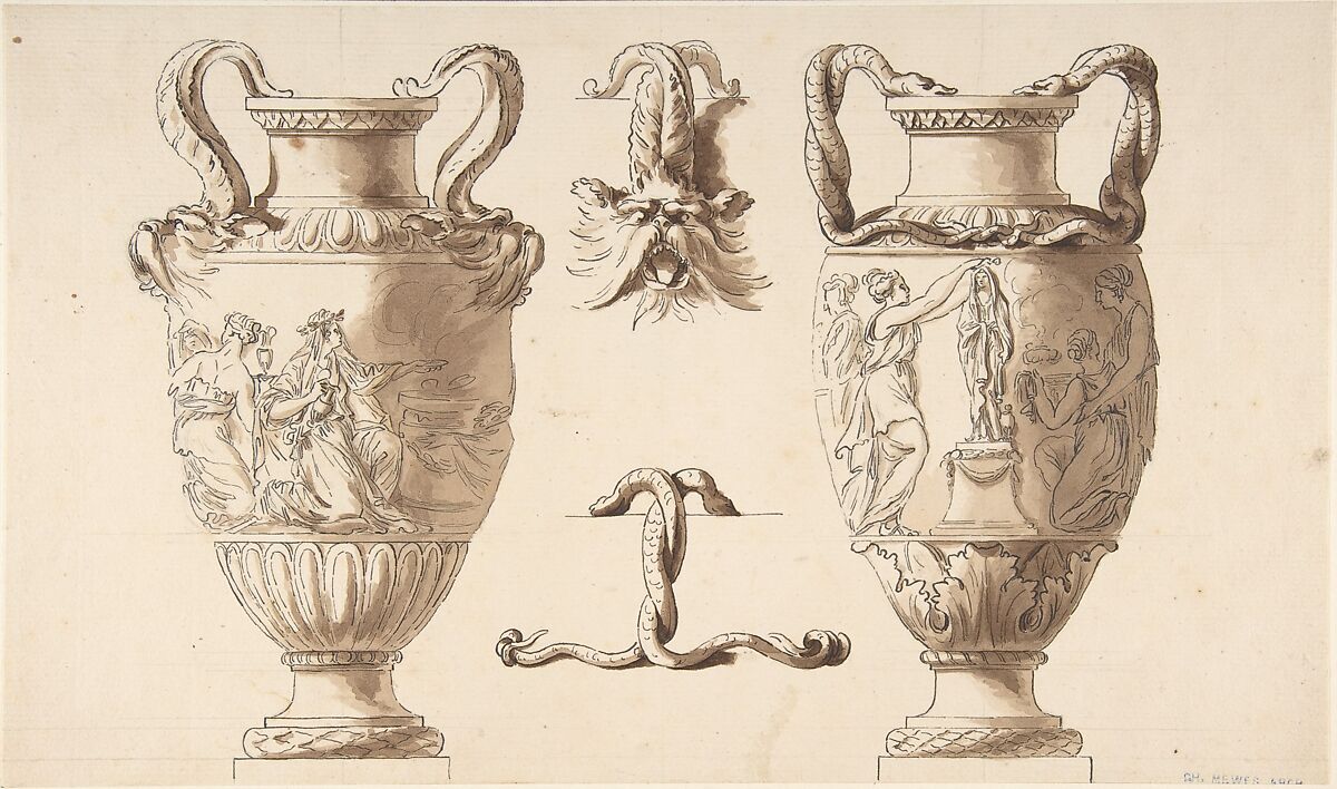 Designs for Two Urns, Attributed to Etienne de Lavallée-Poussin (French, Rouen 1733–1793 Paris), Pen and black ink with brush and brown wash over graphite underdrawing 