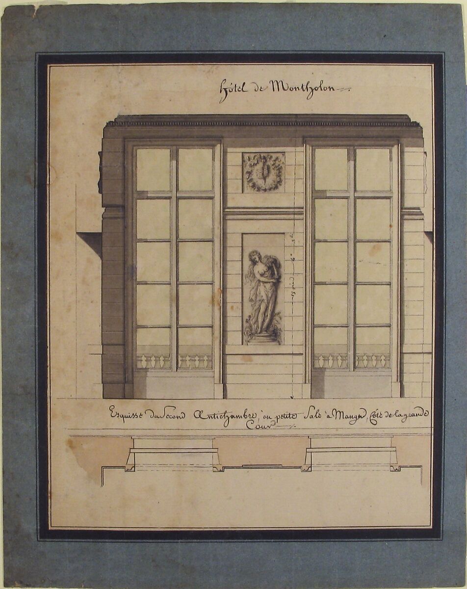 Section and Plan of the Small Dining Room of the Hôtel de Montholon, Jean Jacques Lequeu (French, Rouen 1757–1825 Paris), Pen and black and gray ink, brush and gray and beige wash, with framing lines in pen and black ink