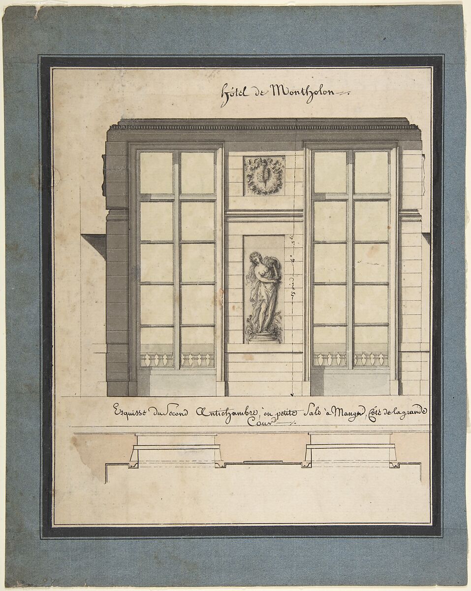 Section and Plan of the Small Dining Room of the Hôtel de Montholon, Jean Jacques Lequeu (French, Rouen 1757–1825 Paris), Pen and black and gray ink, brush and gray and beige wash, with framing lines in pen and black ink 