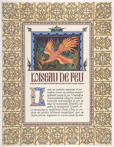 Title Page from "L'Oiseau de Feu et d'autres contes populaires Russes", Boris Zvorykin (Russian, Moscow 1872–1942 Paris), Gouache, metallic inks, and black ink, heightened with white over graphite. 