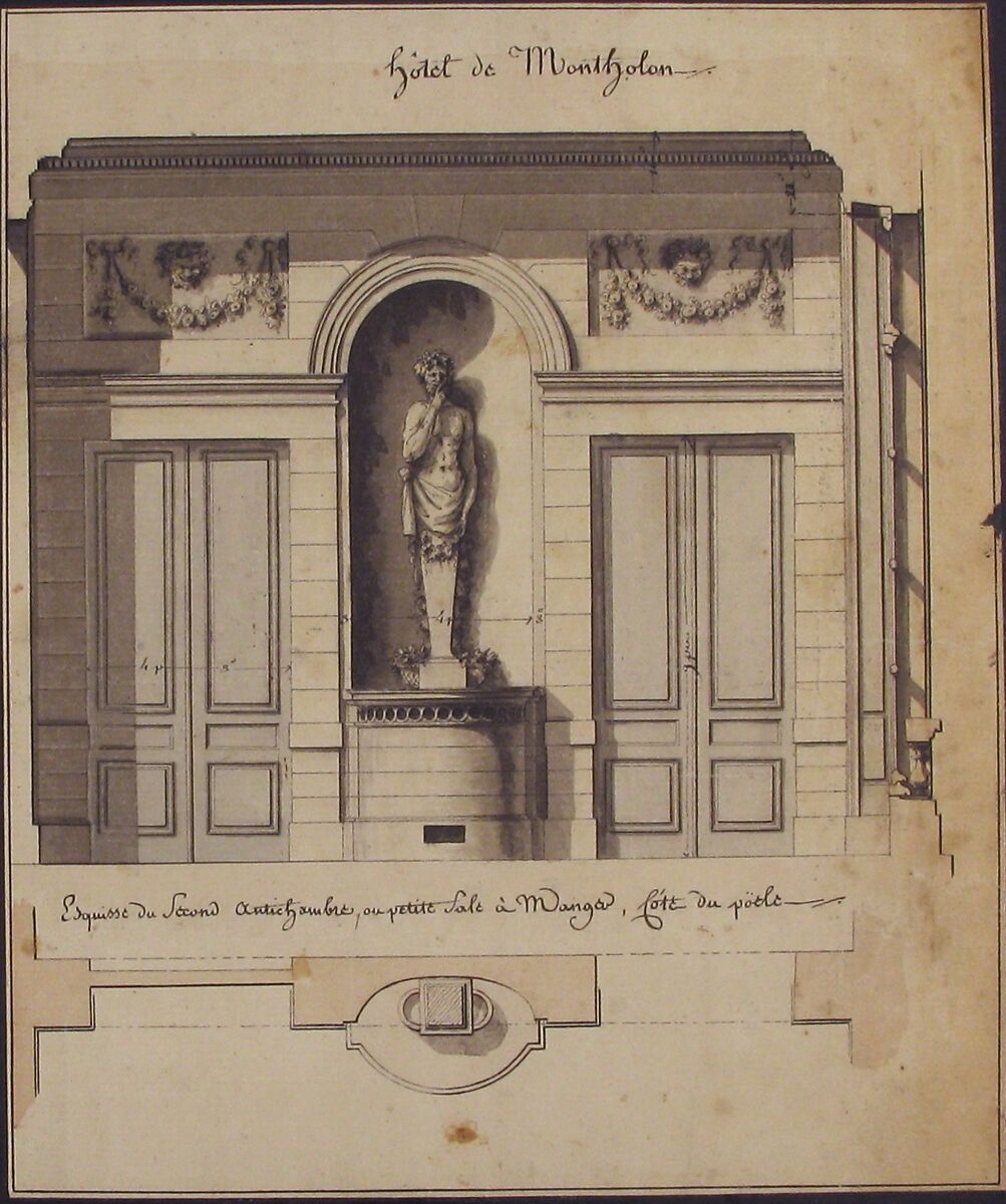 Section and Plan of the Small Dining Room of the Hôtel de Montholon, Jean Jacques Lequeu (French, Rouen 1757–1825 Paris), Pen and black and gray ink with brush and gray and beige wash. Framing lines in pen and black ink.