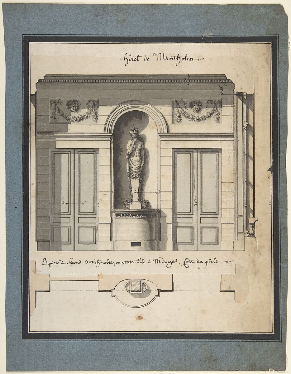 Section and Plan of the Small Dining Room of the Hôtel de Montholon, Jean Jacques Lequeu (French, Rouen 1757–1825 Paris), Pen and black and gray ink with brush and gray and beige wash. Framing lines in pen and black ink. 