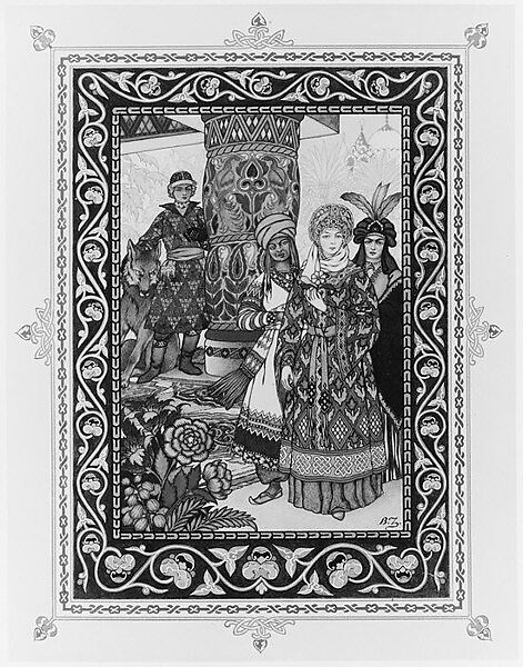 Tsarevna Elena the Fair with her Servants, illustration for "L'Oiseau de Feu", Boris Zvorykin (Russian, Moscow 1872–1942 Paris), Gouache, metallic inks, and black ink, heightened with white, over graphite