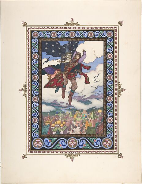 Illustration for "Maria Morevna" [Koshchey the Deathless carries off Maria Morevna], Boris Zvorykin (Russian, Moscow 1872–1942 Paris), Gouache, metallic inks, and black ink, heightened with white, over graphite 