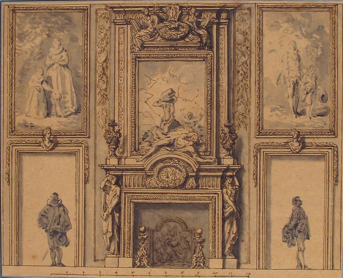 Design for a Wall Decoration with Chimneypiece and Two Figures, Attributed to Antoine Le Pautre (French, Paris 1621–1679 Paris), Pen and brown ink with brush and brown and gray wash