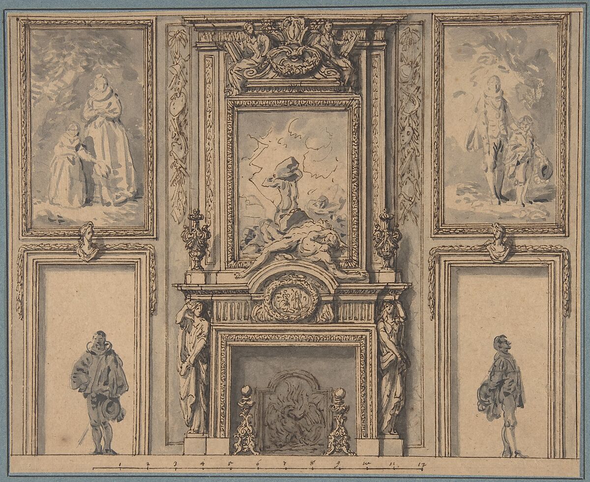 Design for a Wall Decoration with Chimneypiece and Two Figures, Attributed to Antoine Le Pautre (French, Paris 1621–1679 Paris), Pen and brown ink with brush and brown and gray wash 