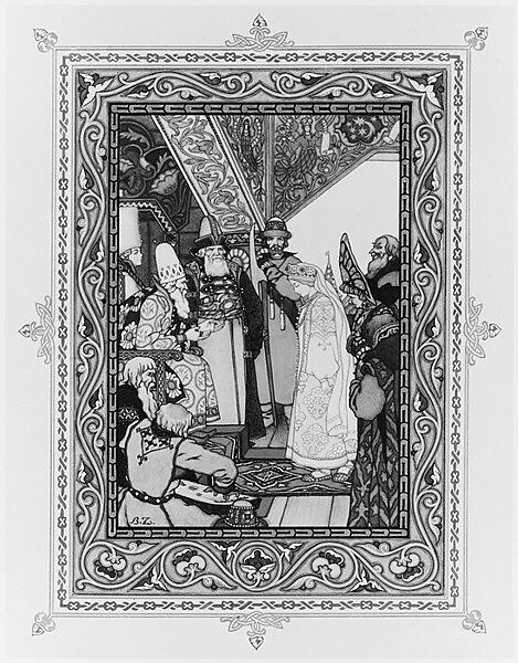 Illustration for "Snegurochka" [Snegurochka before Tsar Berendei], Boris Zvorykin (Russian, Moscow 1872–1942 Paris), Gouache, metallic inks, and black ink, heightened with white, over graphite"