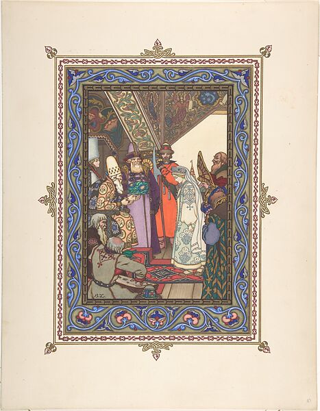 Illustration for "Snegurochka" [Snegurochka before Tsar Berendei], Boris Zvorykin (Russian, Moscow 1872–1942 Paris), Gouache, metallic inks, and black ink, heightened with white, over graphite" 