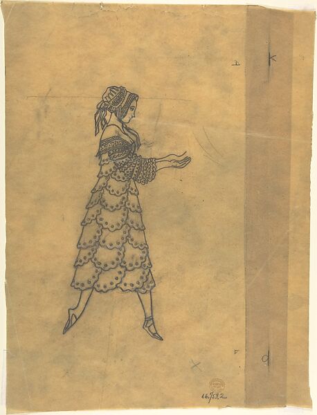 Tracing of a Ballet Costume: Woman in Ruffles, Léon Bakst (Russian, Grodno 1866–1924 Paris), Pencil on two sheets of tracing paper glued together 