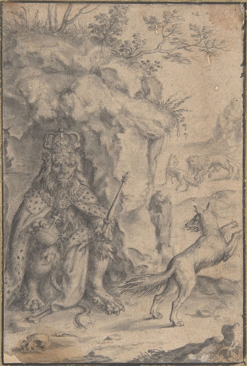 King Lion and Fox, attributed to Anonymous, Dutch, 17th century, Brush and gray wash. Mounted on board with black and brown framing lines. 