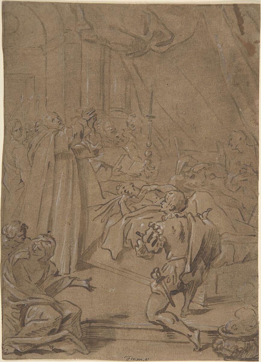 Deathbed Scene, Anonymous, Flemish, 17th century, Brush and brown ink, brown wash, white heightening on brown prepared paper. 