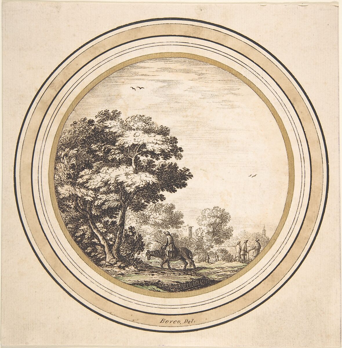 Man on a Donkey in a Landscape, Anonymous, Netherlandish, 16th century, Pen and dark brown ink, green wash.  Laid down on cardboard mount with gold, black, and brown framing lines. 