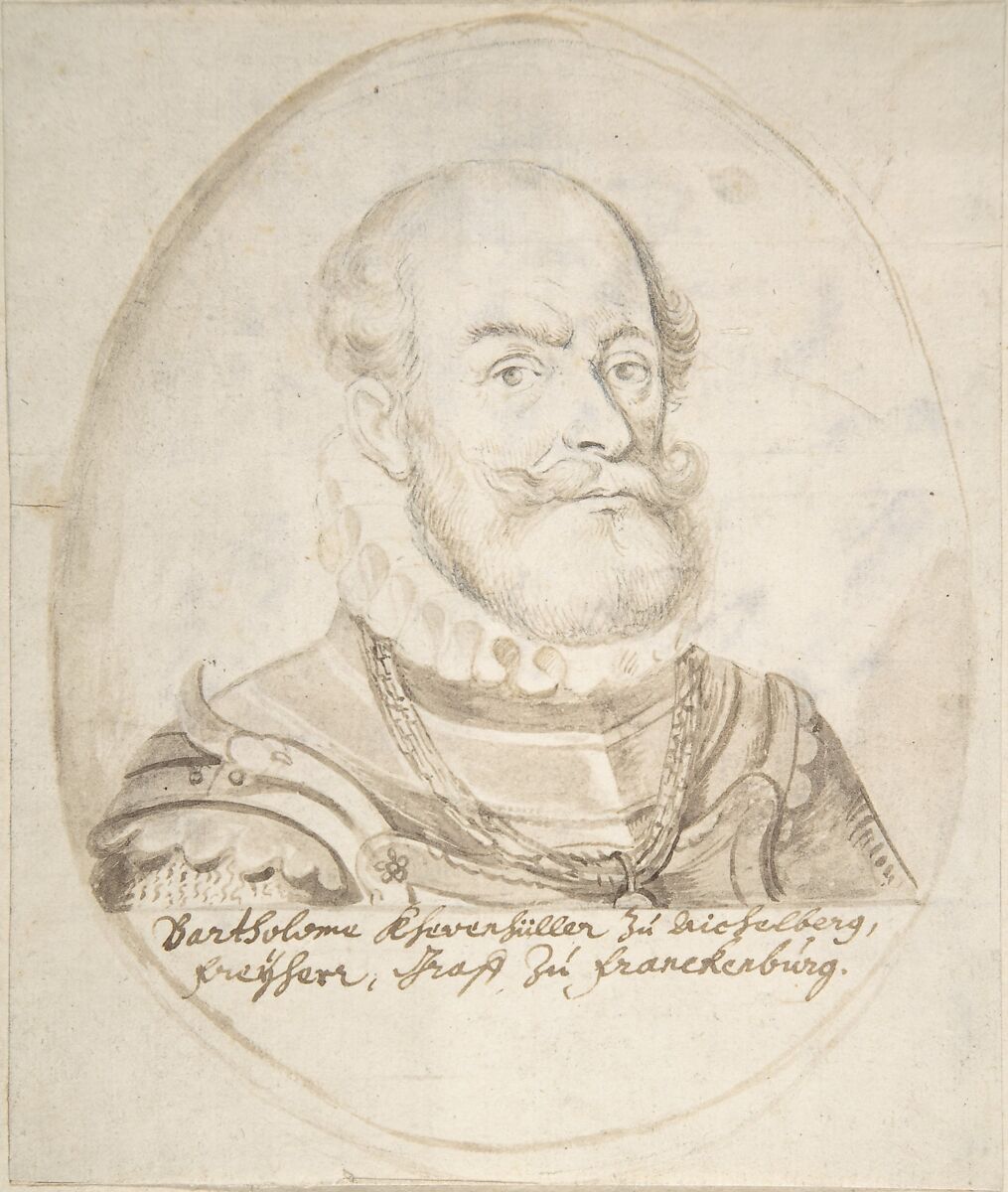 Portrait of Bartholomeo Ehrenfüller(?), Anonymous, Flemish, 17th century (?), Brush and brown wash, black chalk; tacked down to white board 