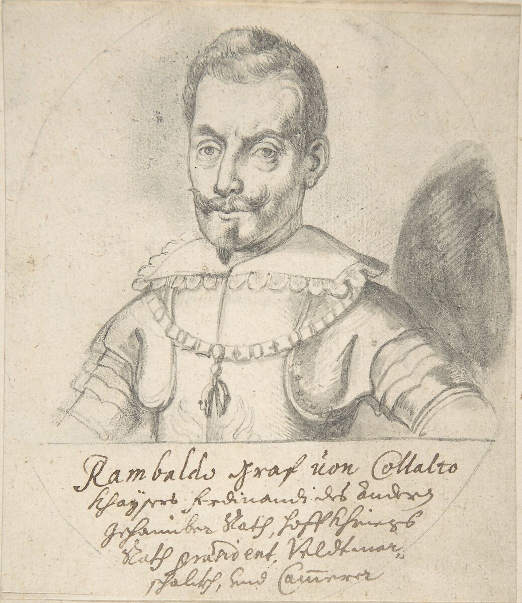 Portrait of Rambaldo, graf von Collalto, Anonymous, Flemish, 17th century (?), Black chalk, brush and gray ink; tacked down on white board; incised 
