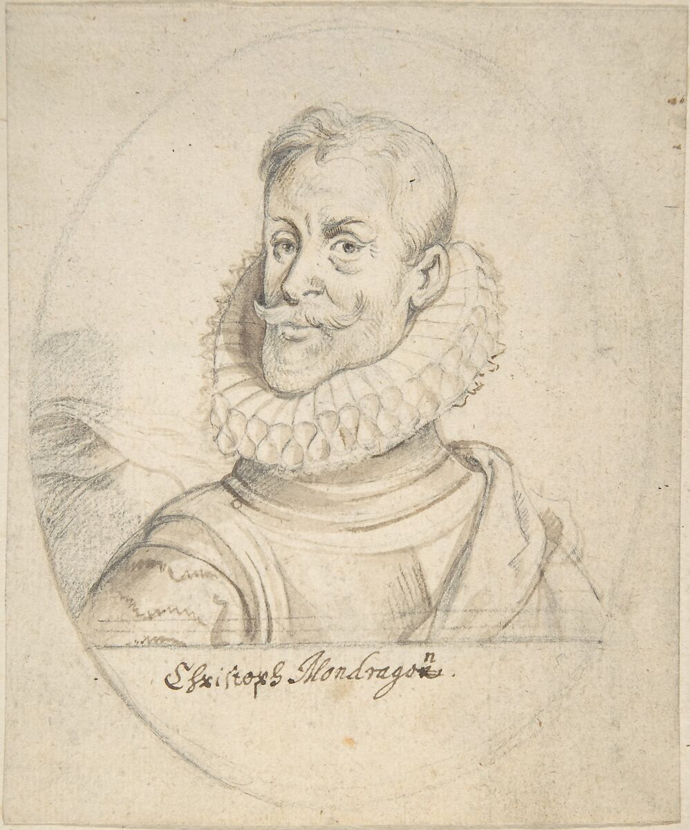 Portrait of Christoph Mondragon, Anonymous, Flemish, 17th century (?), Black chalk, brush and brown wash; incised; tacked down to white board 