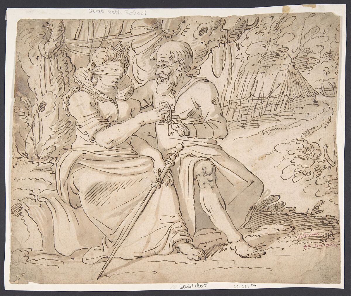 Judah Giving Tamar his Staff and Bracelets, Anonymous, Netherlandish, 16th century, Pen and brown ink, brush and brown wash over traces of black chalk. Tacked down onto white paper mount. 