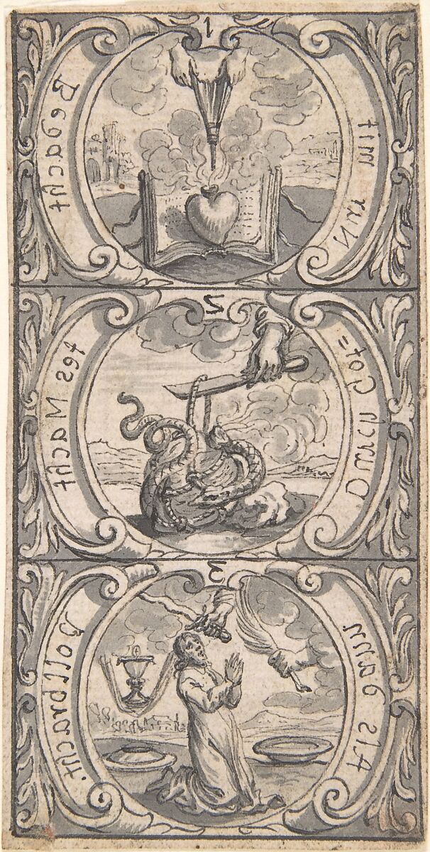 Designs for Book Illustrations, Anonymous, Netherlandish, 16th century, Pen and black ink, brush and gray wash.  Some traces of black chalk. Some incised for transfer.