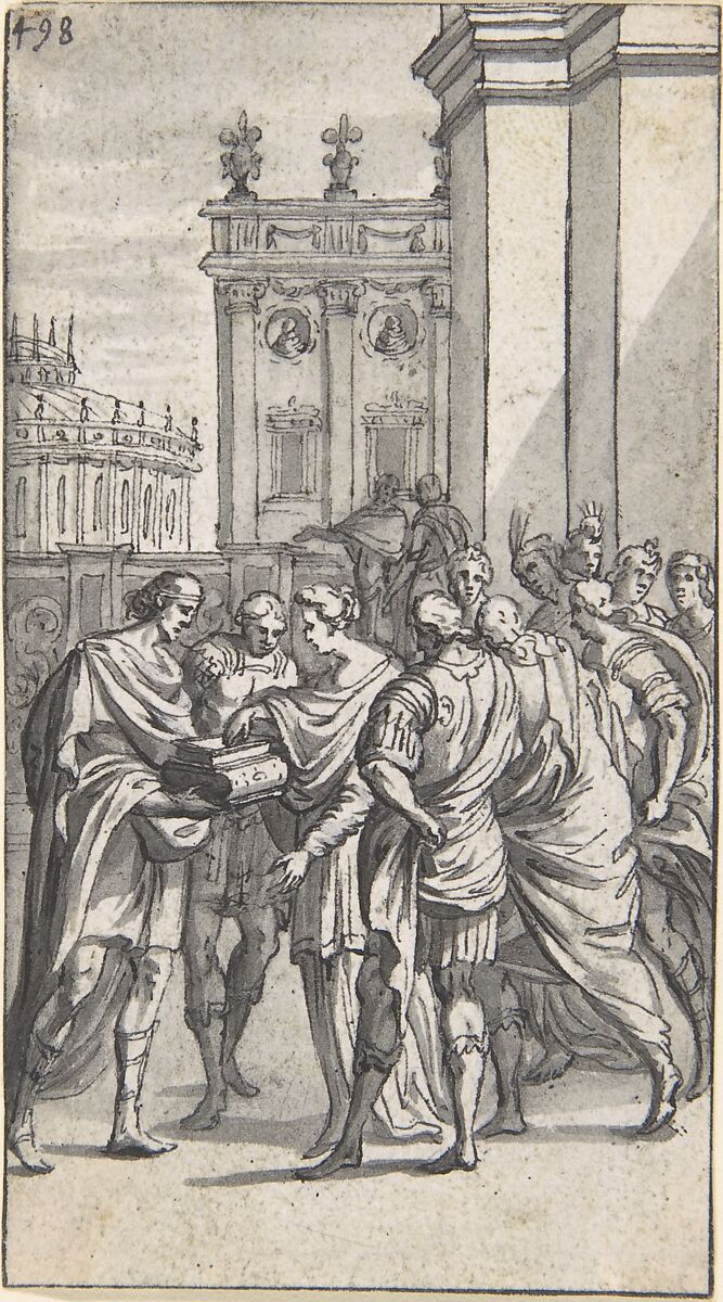 Designs for Book Illustrations, Anonymous, Netherlandish, 16th century, Pen and black ink, brush and gray wash.  Some traces of black chalk. Some incised for transfer.