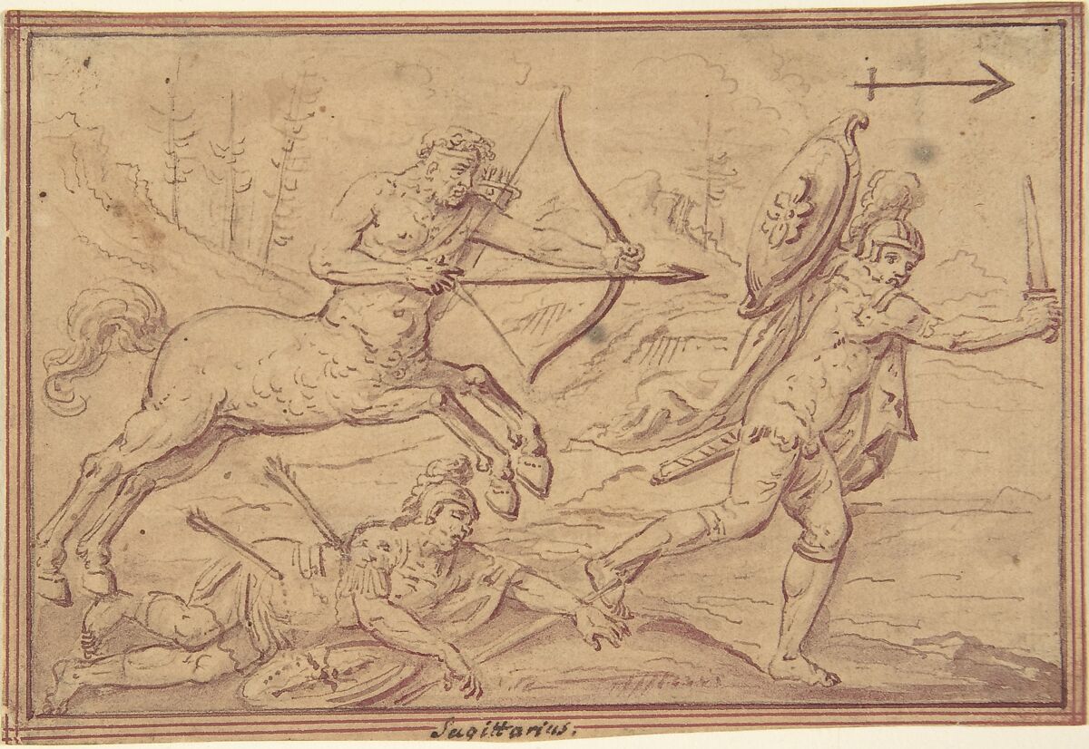 Drawings of the Zodiac, Anonymous, Netherlandish, 16th century, Pen and brown ink, brush and brown and purple wash.  Framing lines in purple and red inks.