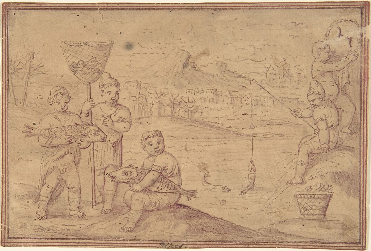 Drawings of the Zodiac, Anonymous, Netherlandish, 16th century, Pen and brown ink, brush and brown and purple wash.  Framing lines in purple and red inks.