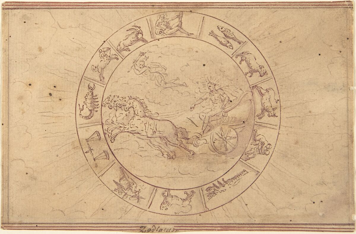 Drawings of the Zodiac, Anonymous, Netherlandish, 16th century, Pen and brown ink, brush and brown and purple wash.  Framing lines in purple and red inks.