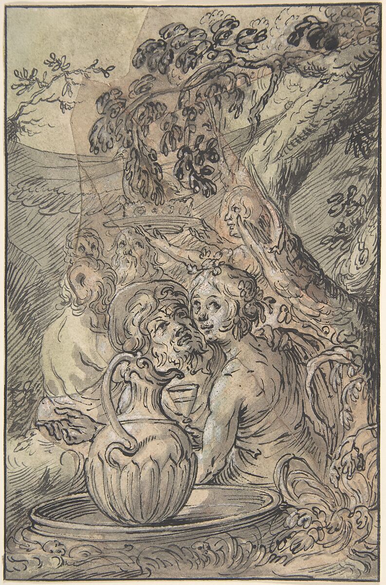Temptation of St Anthony, Anonymous, Netherlandish, 16th century, Pen and black ink, brush and green gray and brown wash, white heightening.  Irregular fragment of original drawing pasted down onto rectangular sheet with additions drawn by a later hand (?) in pen and gray ink, brush and gray and green wash 