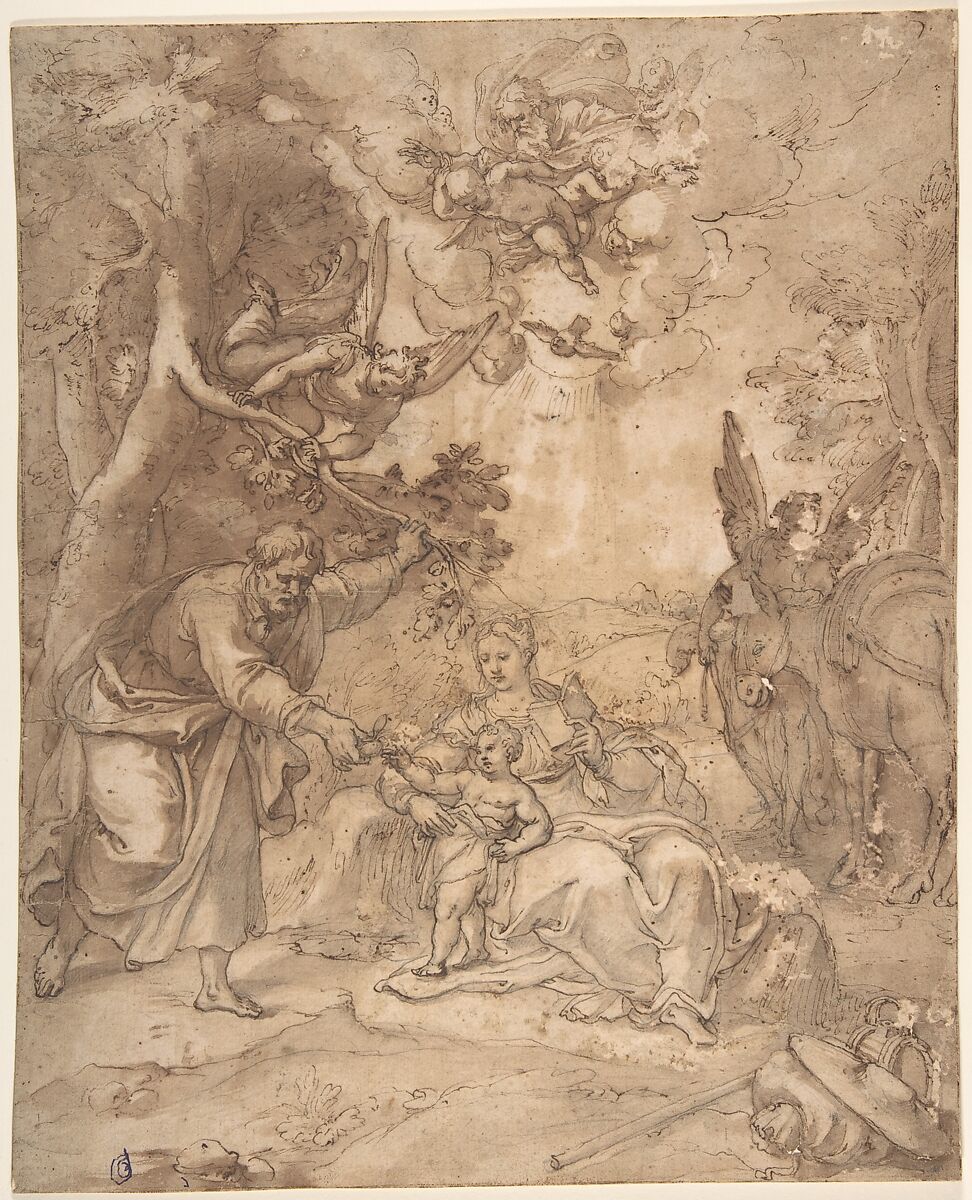 Rest on the Flight to Egypt, Anonymous, Netherlandish, 16th century, Pen and brown ink, brush and brown wash, over black chalk 