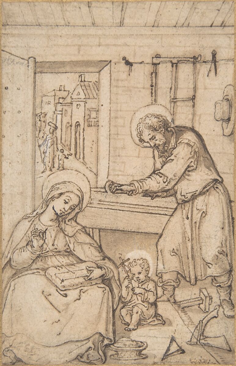 The Childhood of Christ, in the carpenter's shop, Attributed to Hans Bol (Netherlandish, Mechelen 1534–1593 Amsterdam), Pen and brown ink, brush and brown wash, heightened with white gouache 