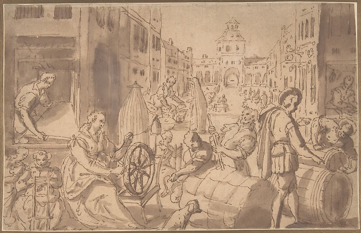 Market Scene, Anonymous, Netherlandish, 16th century, Pen and brown ink, brush and brown wash over black chalk.  Mounted on board with brown and gold framing lines 