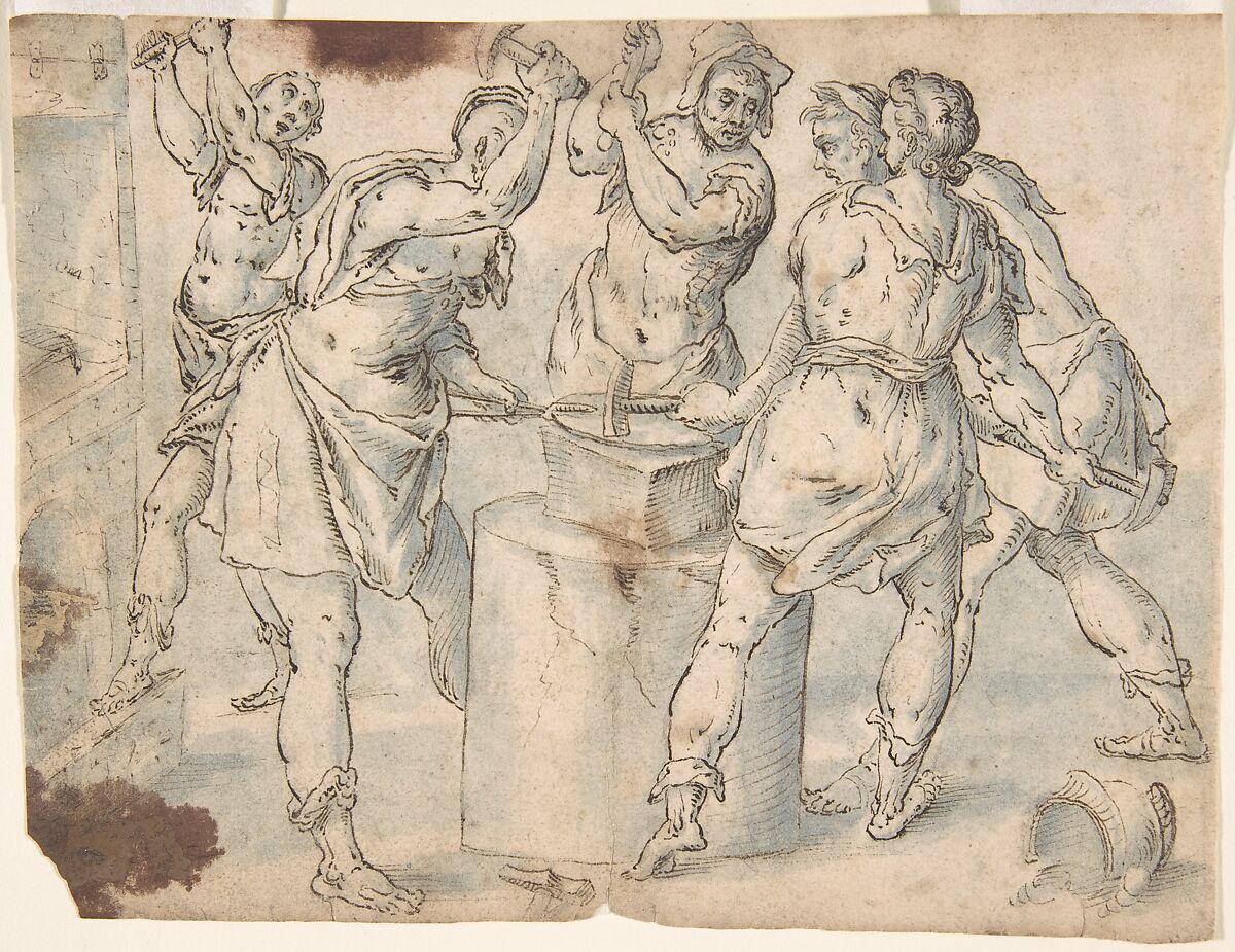 Five Men Around an Anvil, verso: Figures in a Wood (The Preaching of Saint John the Baptist?), Anonymous, Netherlandish, 16th century, Pen and dark brown ink, brush and blue wash, verso: pen and brown ink 