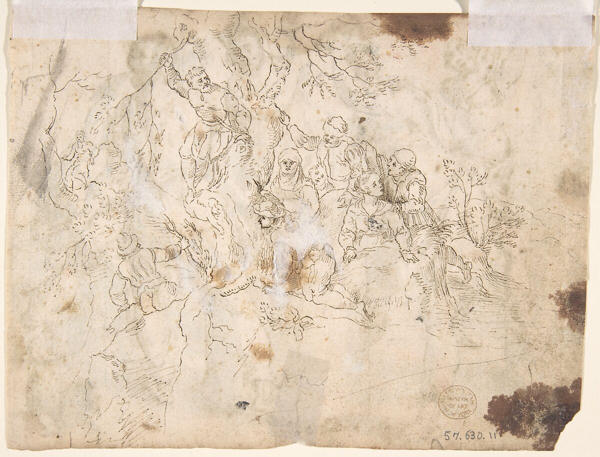 Five Men Around an Anvil, verso: Figures in a Wood (The Preaching of Saint John the Baptist?), Anonymous, Netherlandish, 16th century, Pen and dark brown ink, brush and blue wash, verso: pen and brown ink