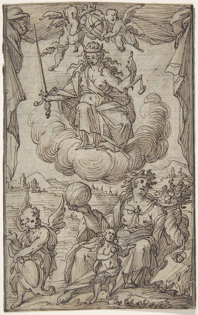 Allegorical Scene, Anonymous, German, 16th century, Pen and brown ink, brush and brown wash. Pasted down on blue paper. 