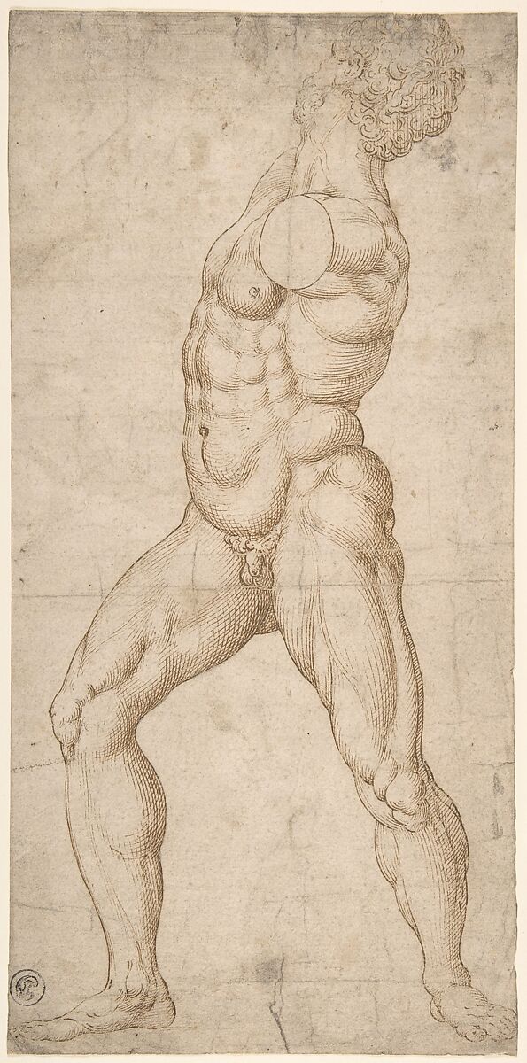 Study of a Standing Male Nude, Anonymous, Netherlandish, 16th century, Pen and brown ink over black chalk 