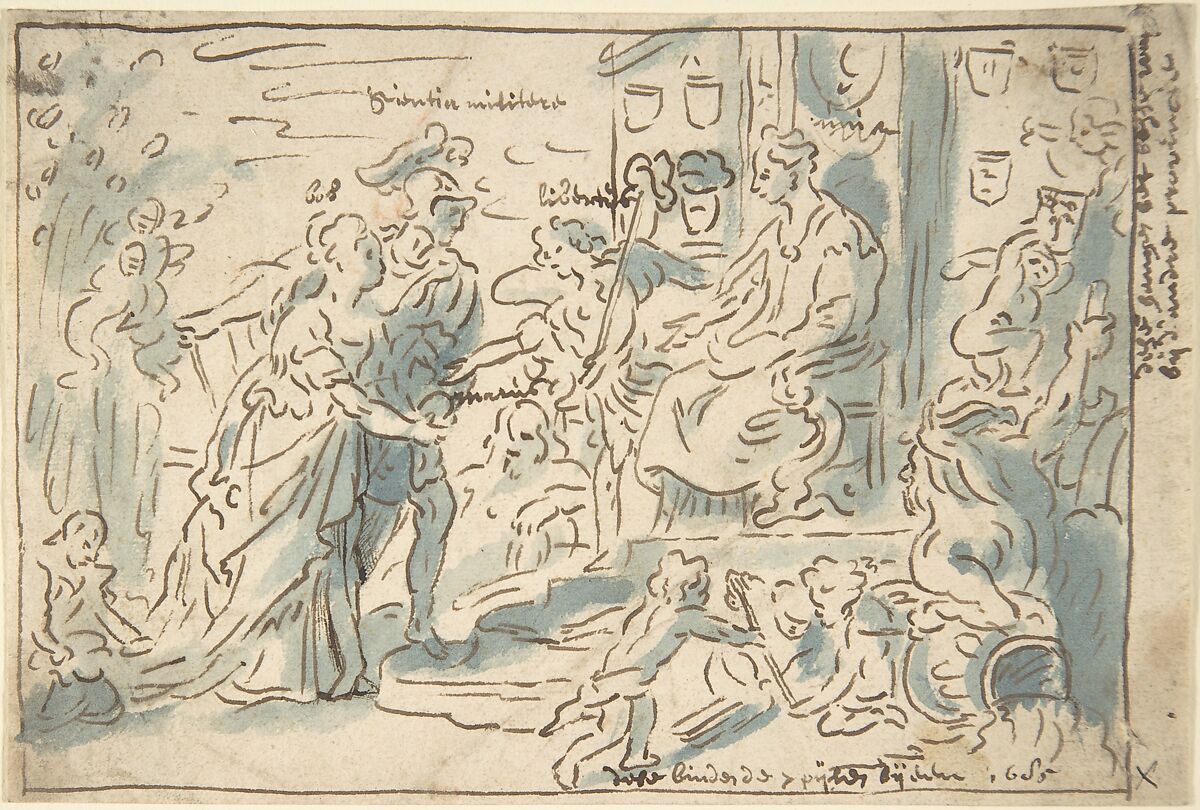 Compositional Sketch for The Request for Admission into the Union, a Painting in the Town Hall of 's-Hertogenbosch. The Province of Brabant requests the same status as the seven provinces of the Dutch Republic, Theodoor van Thulden (Flemish, &#39;s-Hertogenbosch 1606–1669 &#39;s-Hertogenbosch), Pen and brown ink, brush and blue wash. 