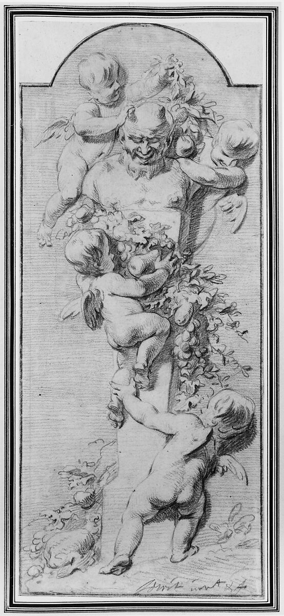 Design for a Panel with Four Putti Decorating a Herm (Terminal Figure) with Garlands of Fruit and Foliage, Jacob de Wit (Dutch, Amsterdam 1695–1754 Amsterdam), Red chalk. Inlaid into heavy paper mount with brown and gold framing lines