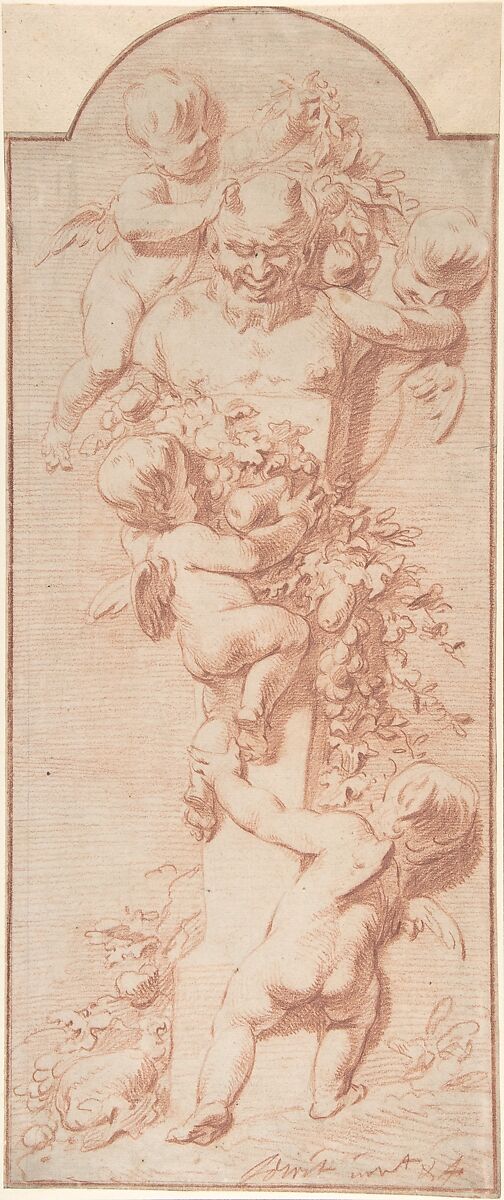 Design for a Panel with Four Putti Decorating a Herm (Terminal Figure) with Garlands of Fruit and Foliage, Jacob de Wit (Dutch, Amsterdam 1695–1754 Amsterdam), Red chalk. Inlaid into heavy paper mount with brown and gold framing lines 