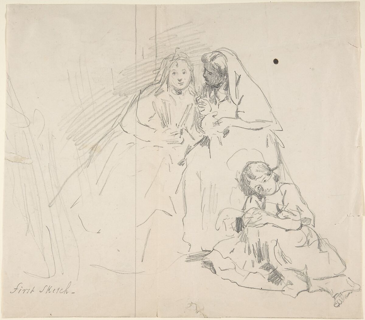 Sketch of Two Seated Women with Young Girl Sitting at Their Feet; Verso: Sketch of a Woman, Charles Baugniet (Belgian, 1814–1886), Graphite 