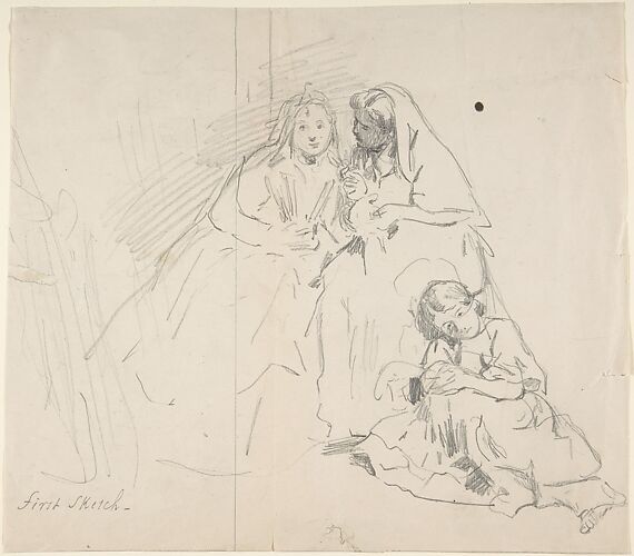 Sketch of Two Seated Women with Young Girl Sitting at Their Feet; Verso: Sketch of a Woman