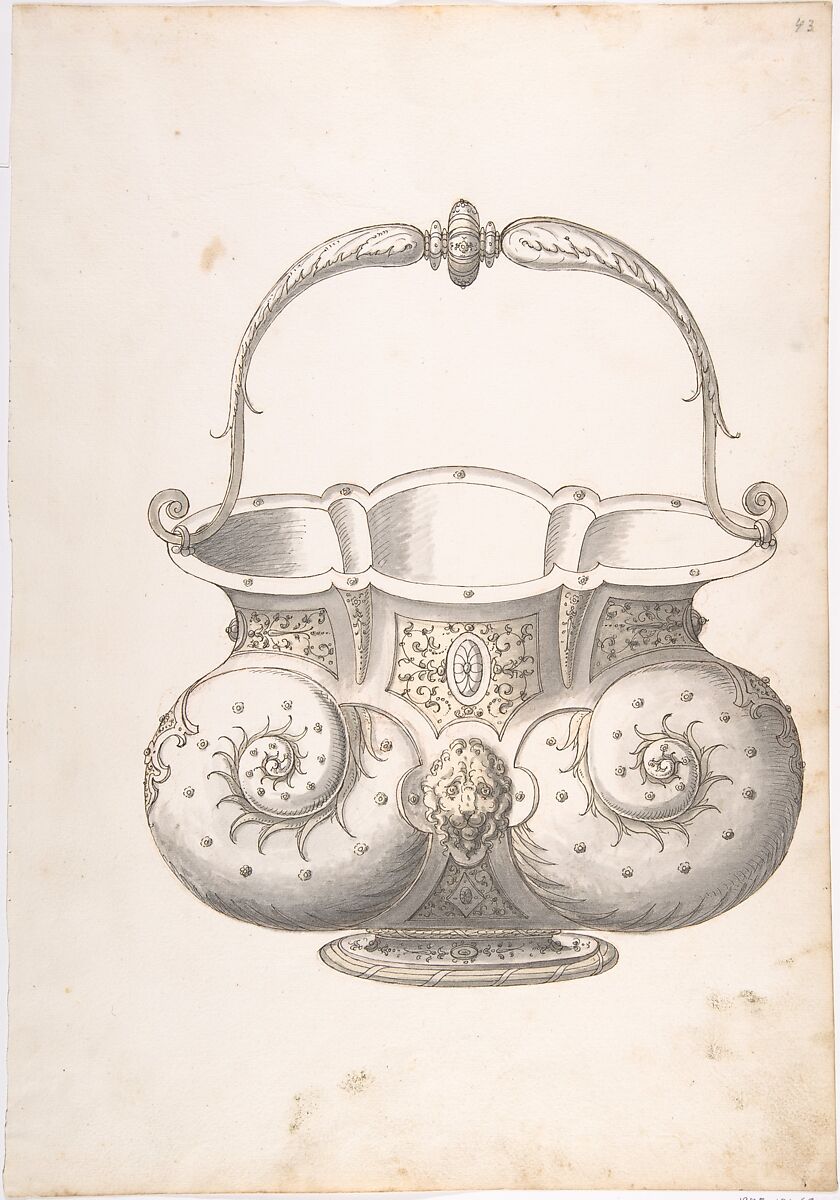 Design for a Bucket, Erasmus Hornick (Netherlandish, Antwerp ca. 1520–1583 Prague), Pen and brown and black ink, brush with gray and yellow wash over red chalk 