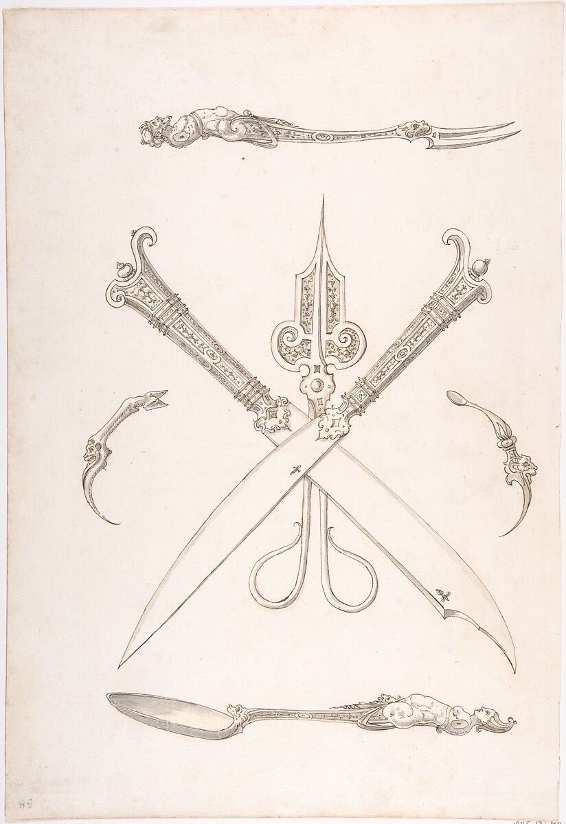 Design for Spoon, Fork, Two Knives (Crossed over scissors), Scissors, Ear Spoon and Toothpick, Erasmus Hornick (Netherlandish, Antwerp ca. 1520–1583 Prague), Pen and brown and black ink, brush with gray and yellow wash over traces of red chalk 